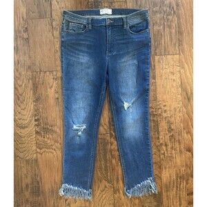 FREE PEOPLE Womens Size 31 Blue Denim Jeans Frayed Hem Factory Distressing